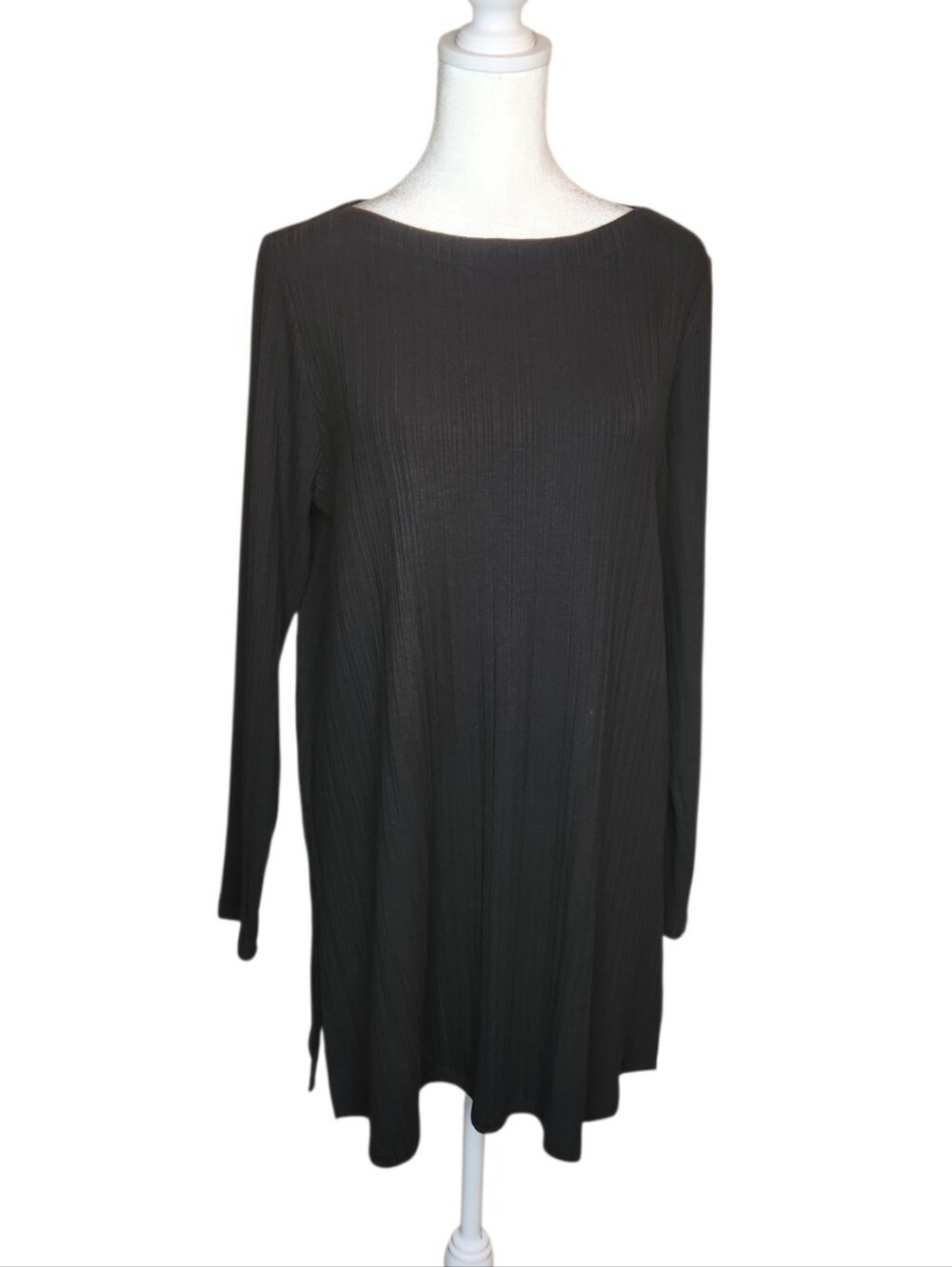 NEW Eileen Fisher Variegated Rib Knit Black Tunic Top Side Slits Size M